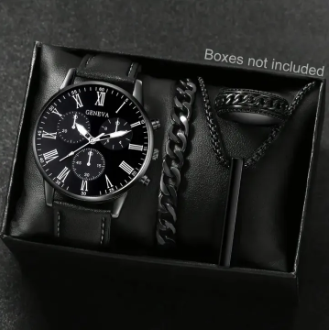 4 Pcs Men Women Fashion Watch Set Quartz Round Dial Roman Numeral Watch Necklace Bracelet Ring Gift Set